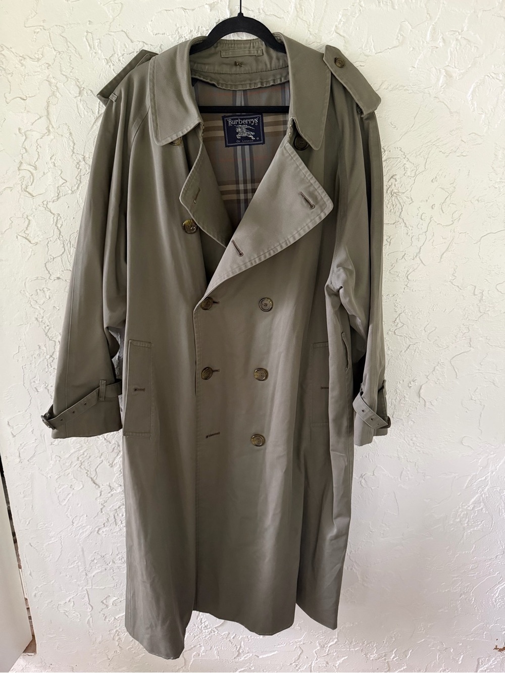 Burberry Men's Olive Khaki Double-Breasted Trench Coat (missing belt)